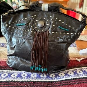 Vintage Brown Leather Fringe Bag with Fringe and Turquoise Beads